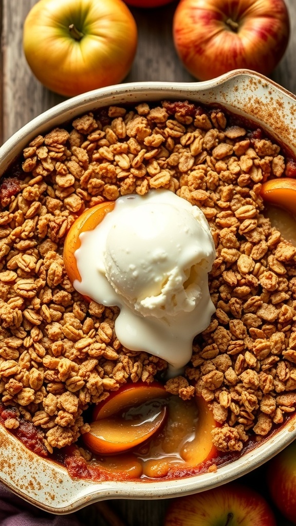 Oat Apple Crumble Recipe A delicious oat apple crumble with a golden topping and warm apple filling, served with ice cream.